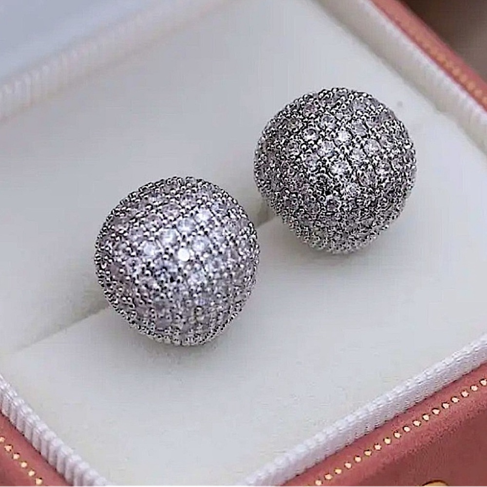 Silver Zircon Ball Earrings Luxury Exquisite White Gold Plated